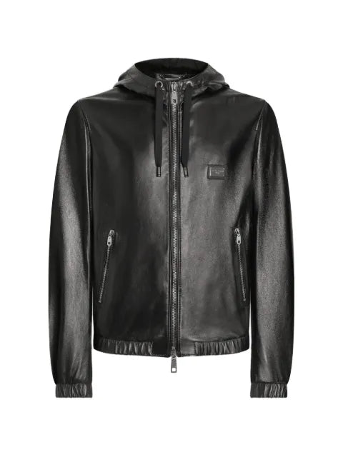 Dolce & Gabbana logo-tag hooded leather jacket