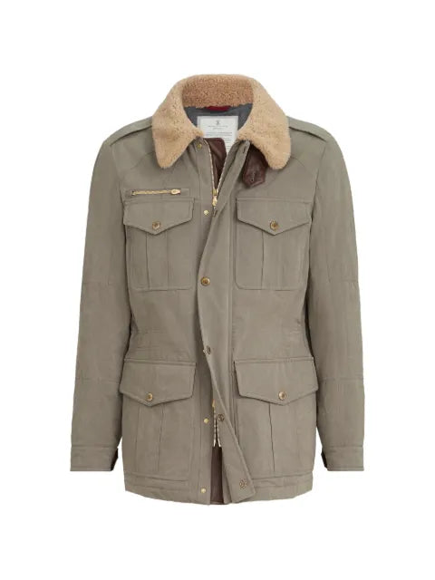 Brunello Cucinelli waxed techno cotton safari jacket with Thermore® padding, nappa leather inserts and shearling collar