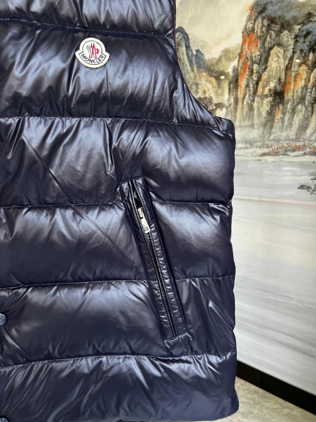 Moncler Puffer Vest in Navy Blue with Glossy Finish