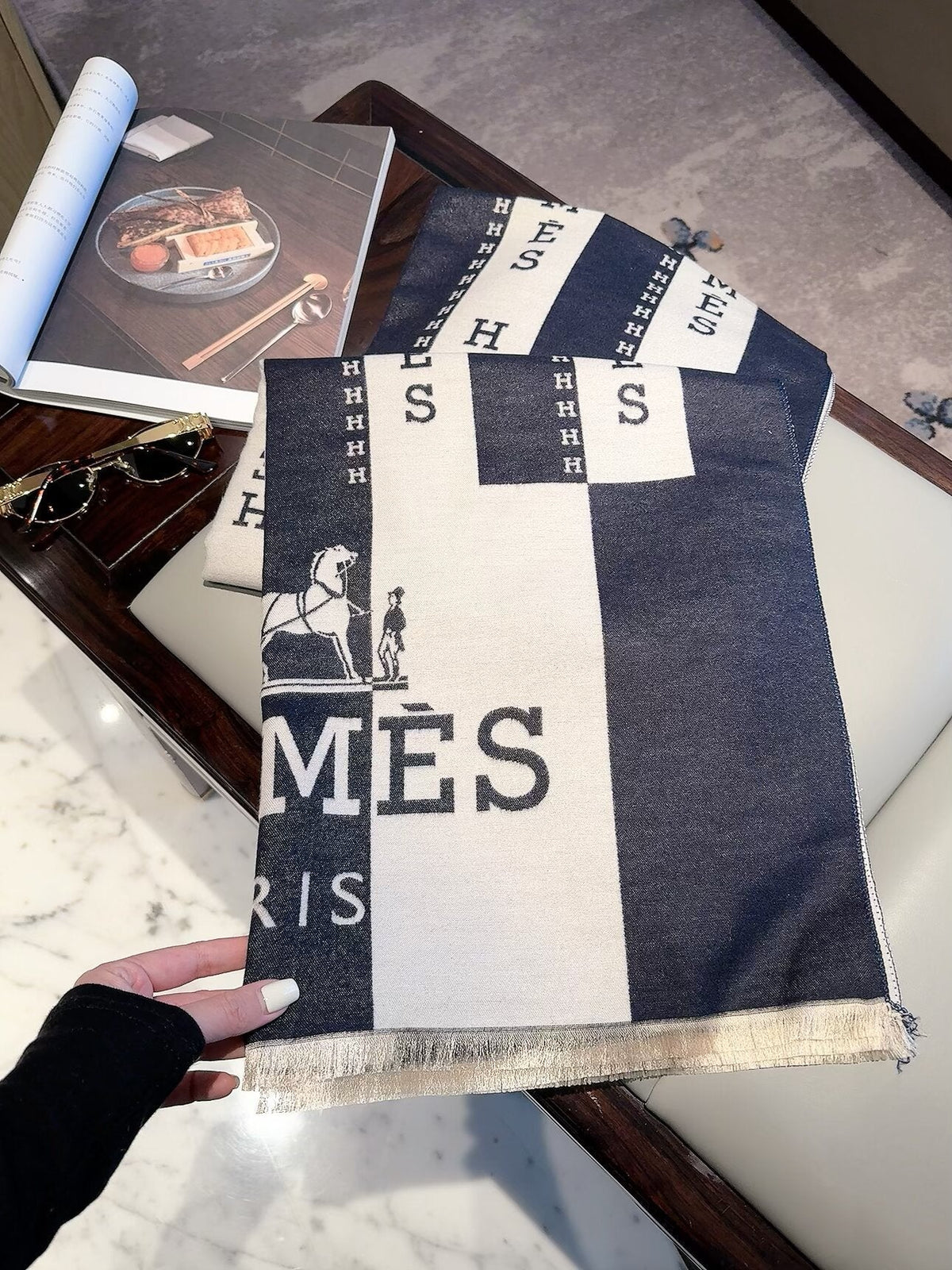 Hermes Style Bold Stripe Logo Scarf