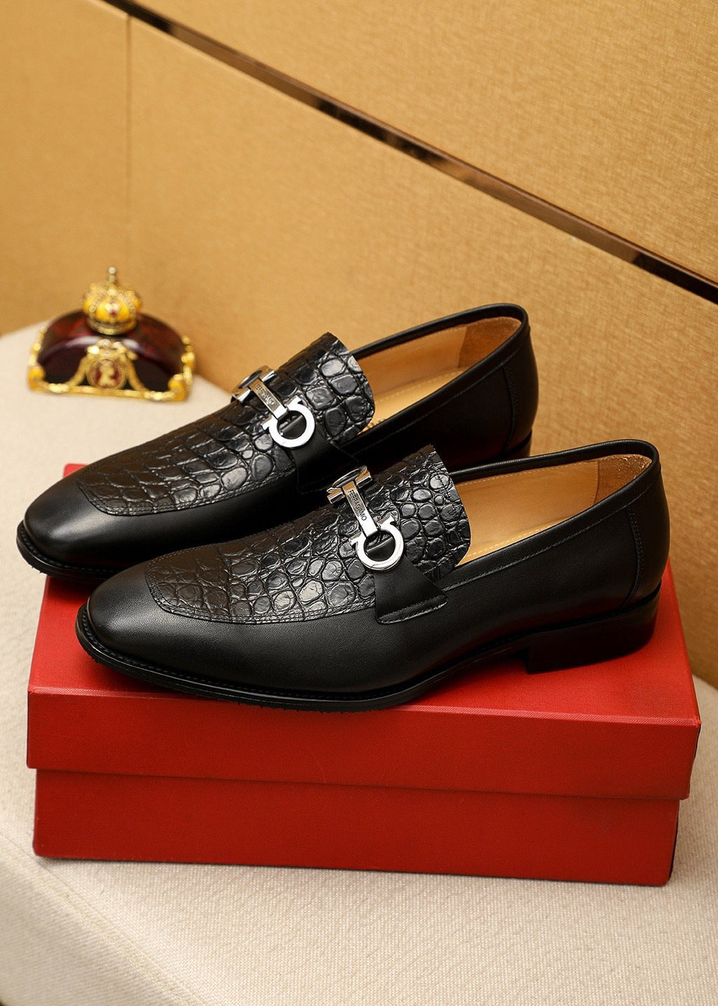 Ferragamo Black Embossed Leather Buckle Loafers