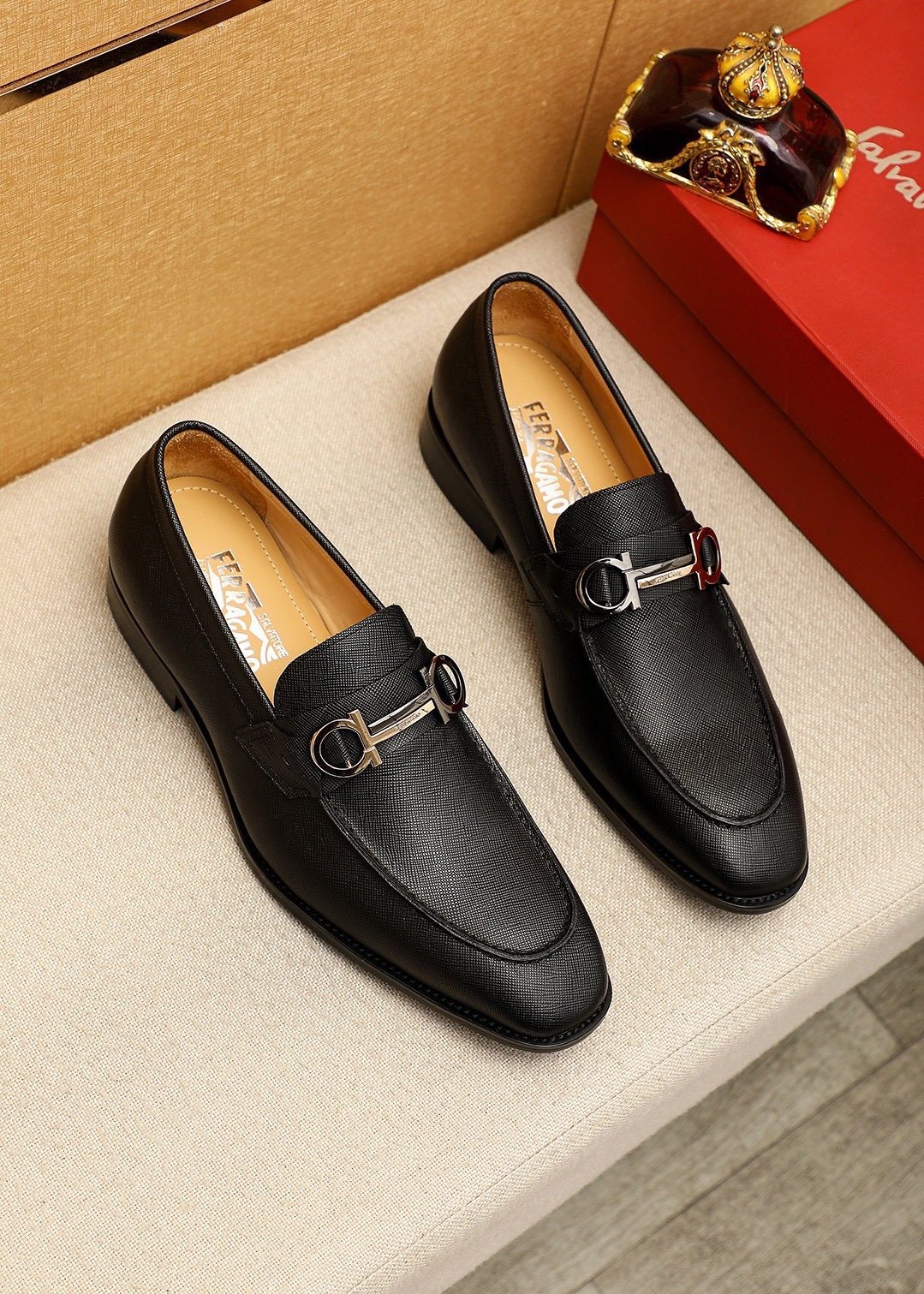 Ferragamo Black Buckle Leather Loafers - Slip-On Construction