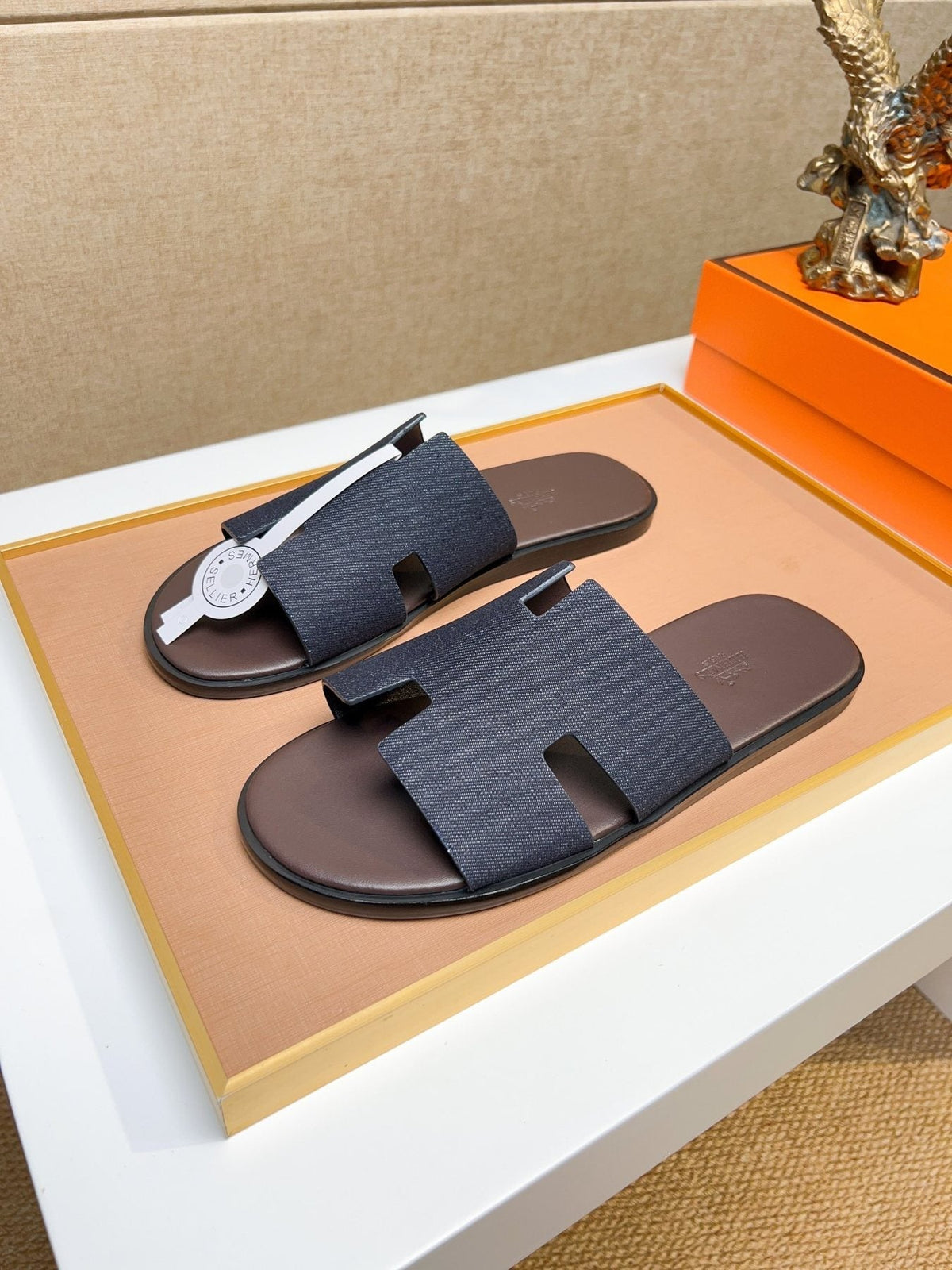 Hermès Dark Navy Blue H-Strap Slide Sandals