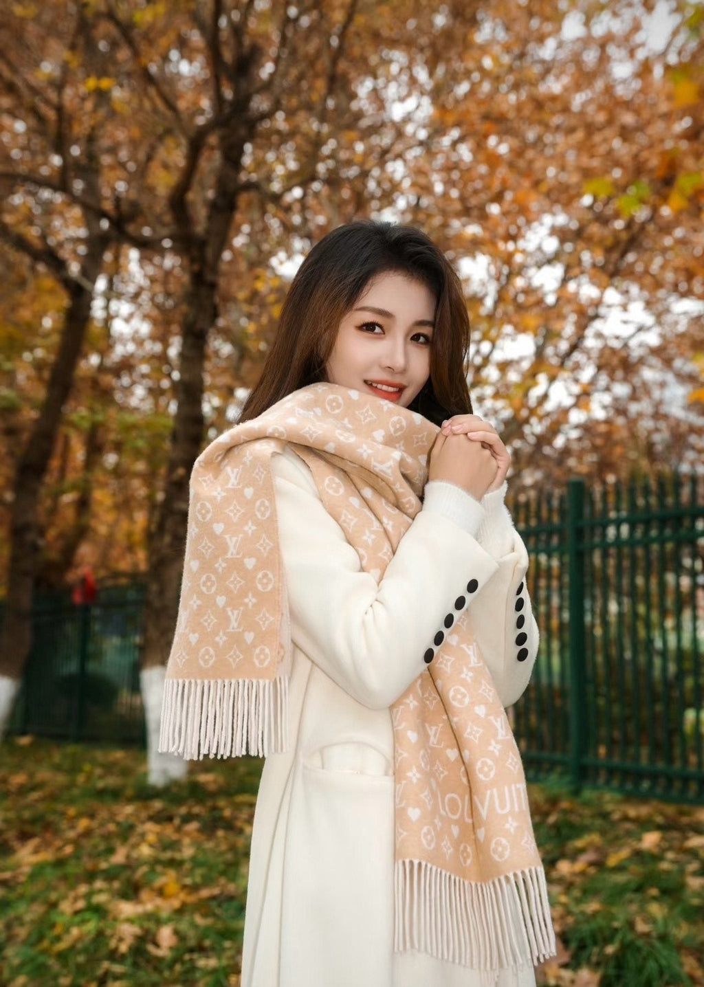 Louis Vuitton Taupe Monogram Fringe Scarf