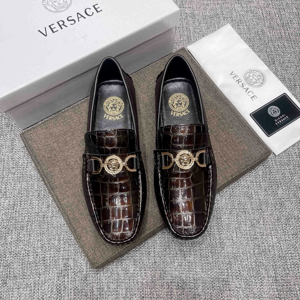 Versace Men's Dark Brown Croc-Embossed Loafers