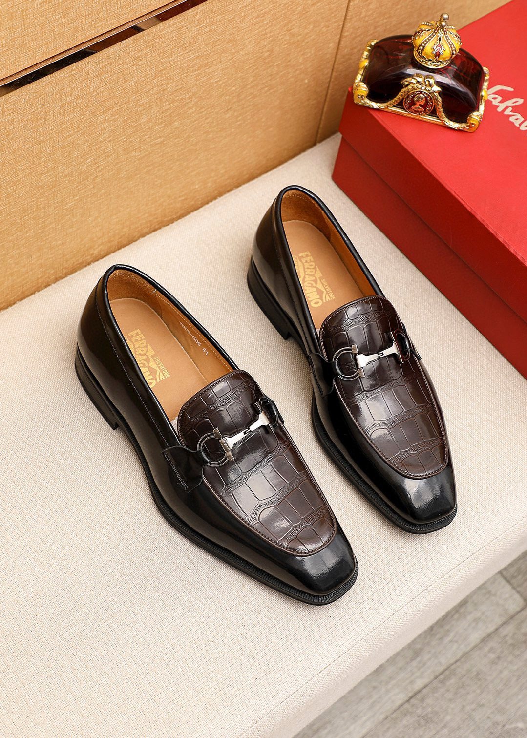 Ferragamo Embossed Bit Loafers - Dark Brown and Black