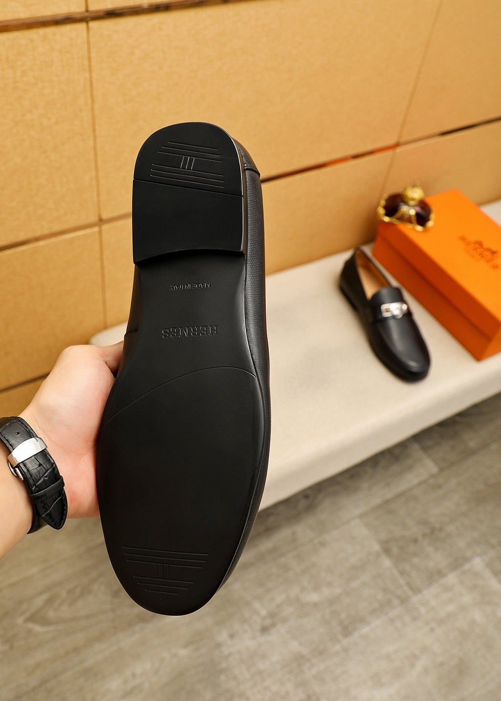 Hermes Black Leather Hardware Loafers