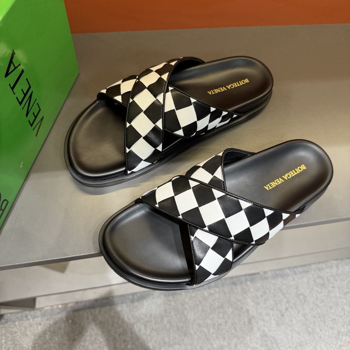 Bottega Veneta Men's Woven Checkerboard Slide Sandals - Black and White