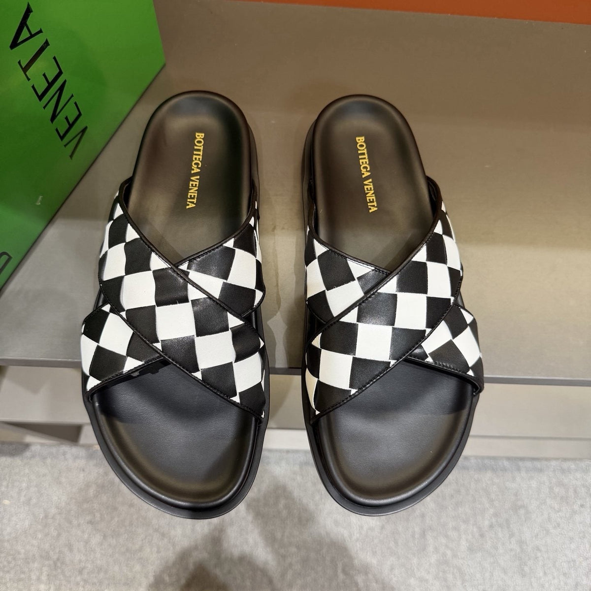 Bottega Veneta Men's Woven Checkerboard Slide Sandals - Black and White