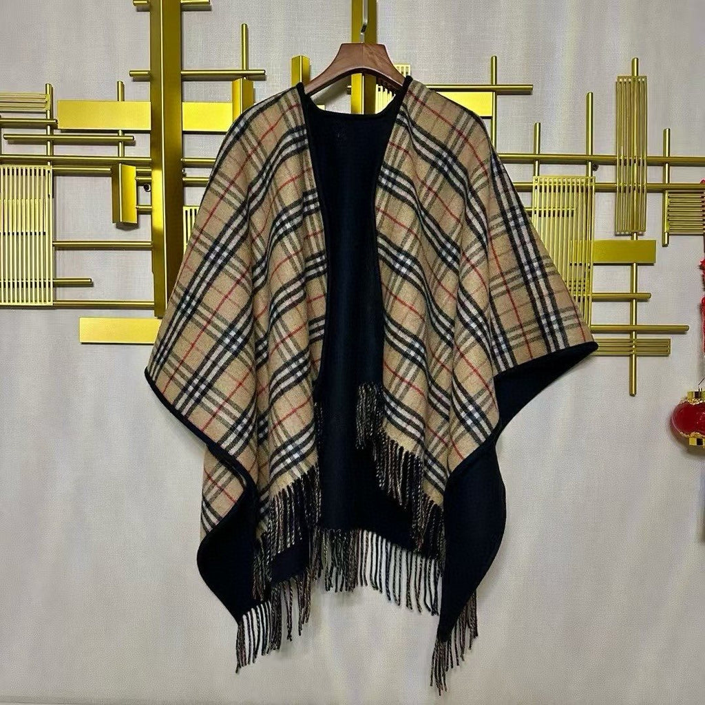 Burberry Reversible Plaid Fringe Cape Shawl