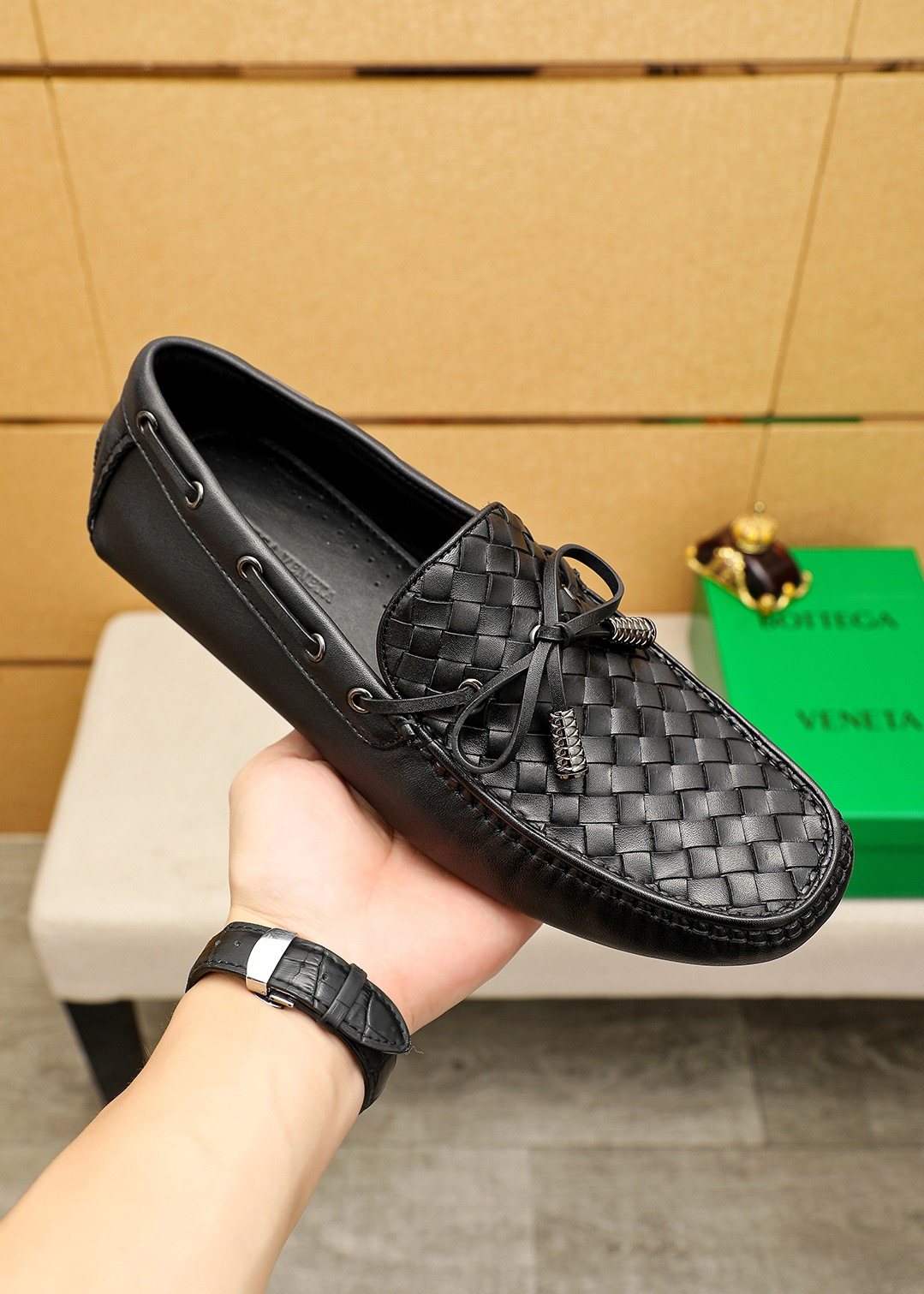 Bottega Veneta Black Woven Bow Loafers