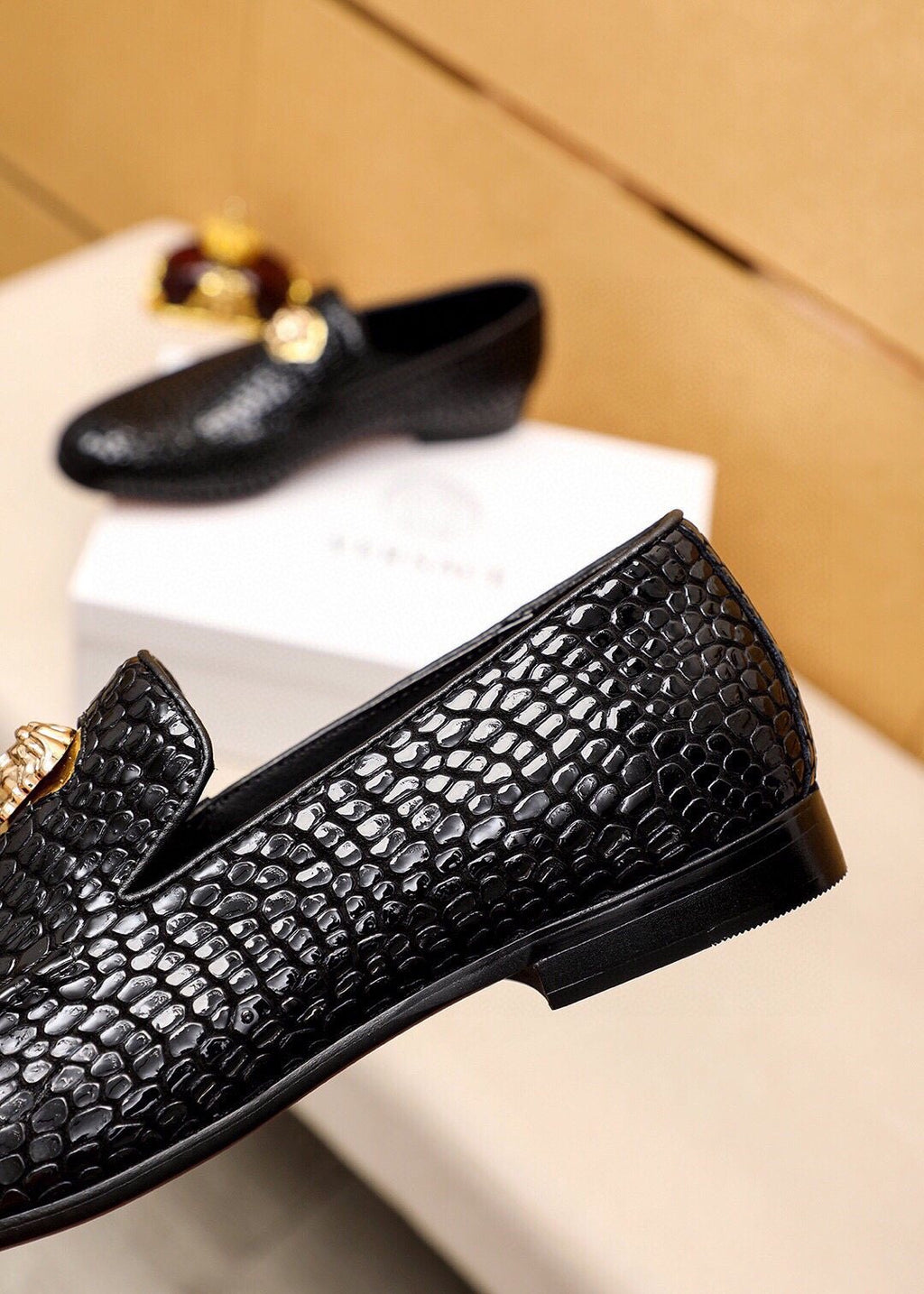 Versace Black Textured Slip-On Shoes
