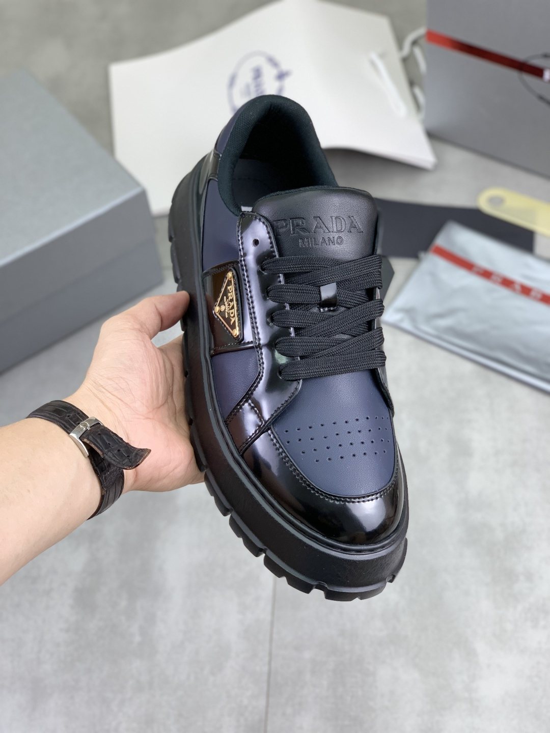 Prada Paneled Lug-Sole Low-Top Sneakers