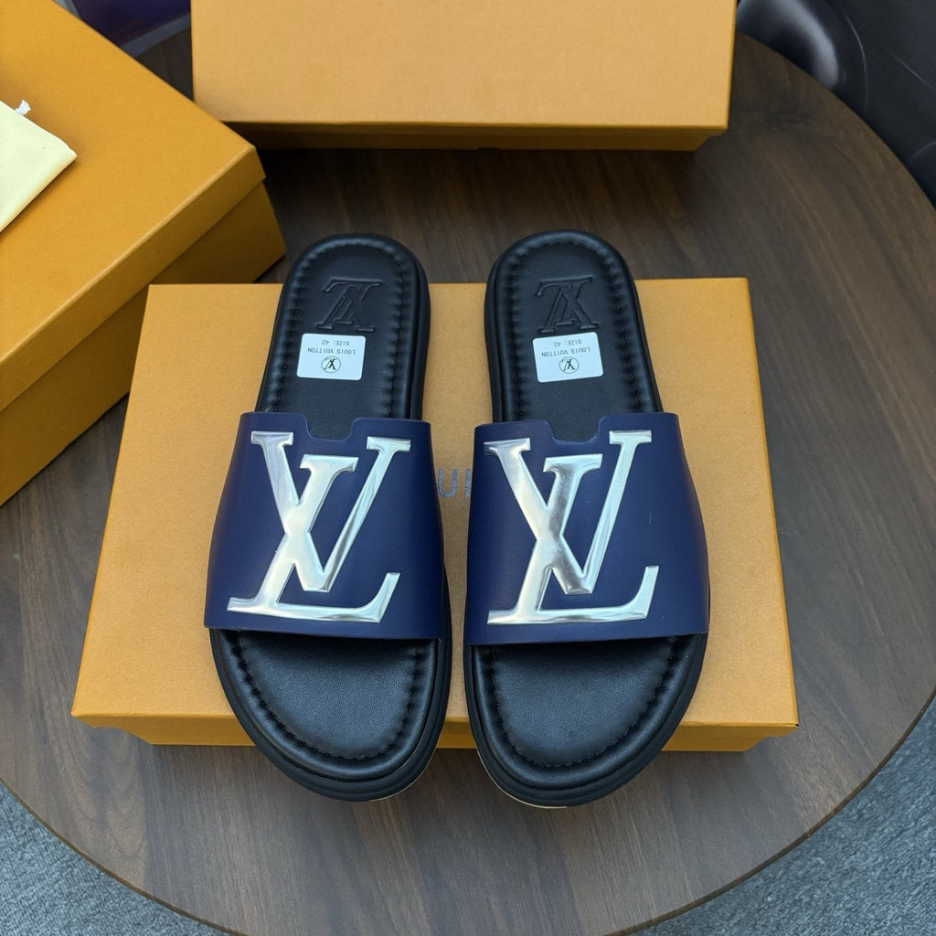Louis Vuitton Men's Raised-Monogram Slide Sandals