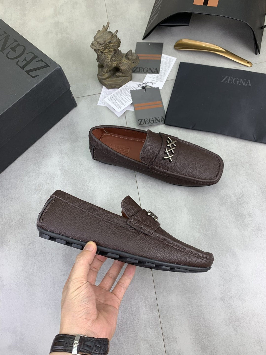 Zegna Square-Toe Leather Loafers with X Accents