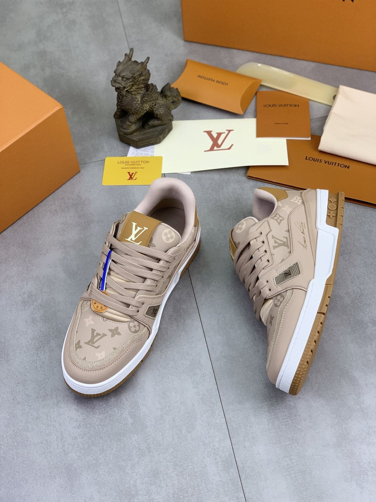 Louis Vuitton Beige, White & Gold Low-Top Sneakers